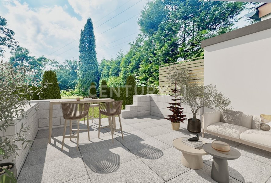 Garten Visualisierung mit modernen Möbeln und Deko