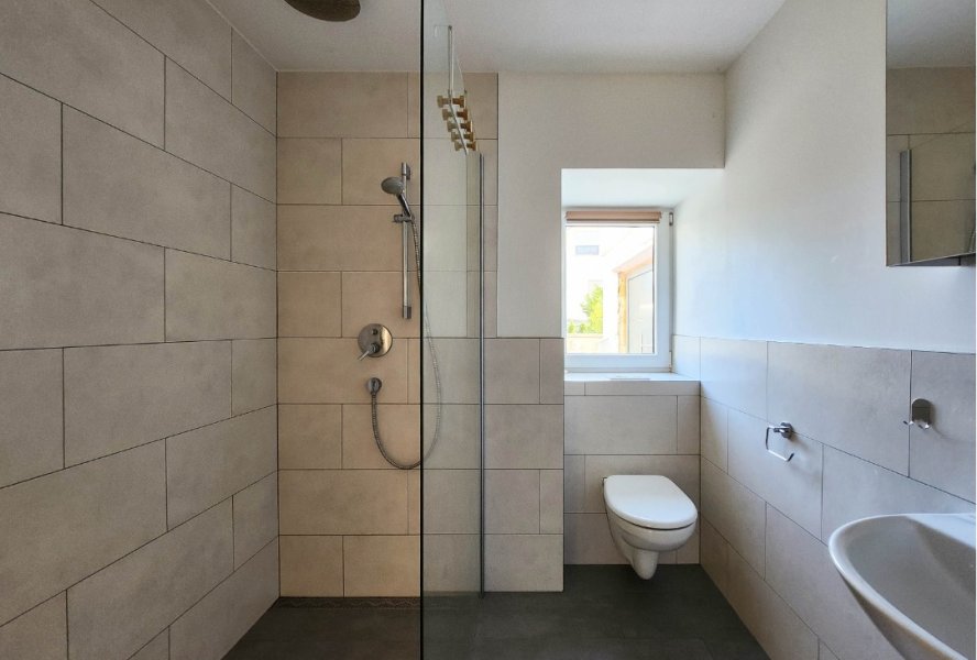 Modern gestaltetes Tageslicht-Bad mit luxuriöser Walk-In Dusche